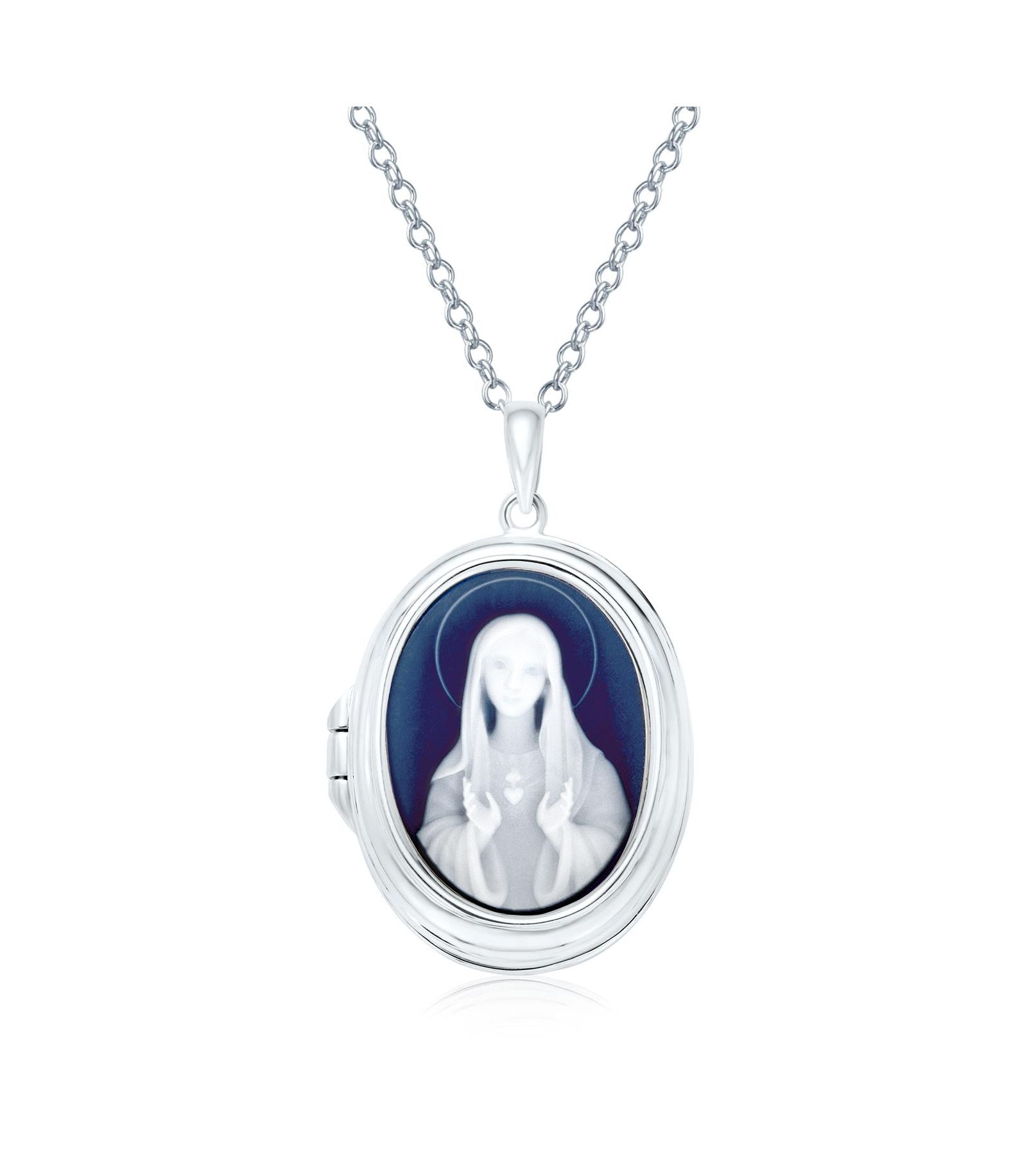 Bling Jewelry Blue Virgin Mary Cameo Photo Locket Pendant Necklace .925 Sterling Silver