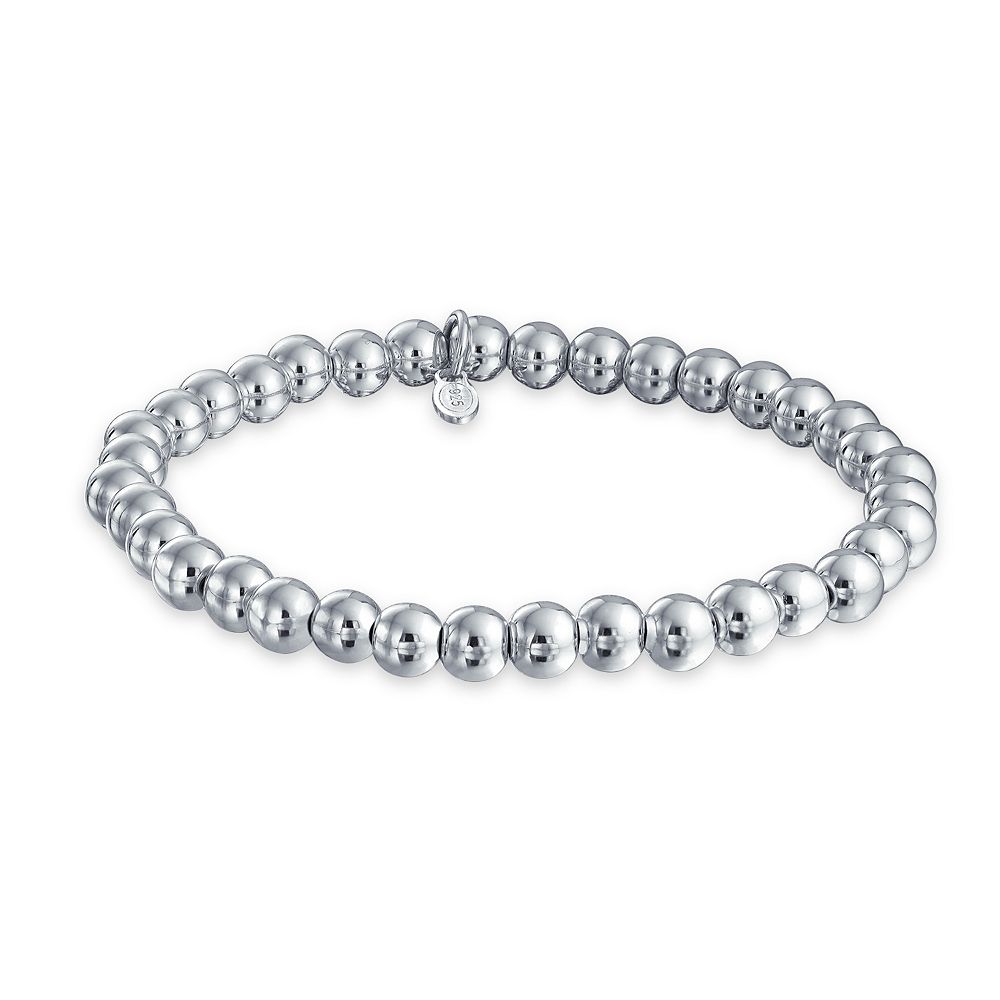 Bling Jewelry Stackable 6MM Bead Polished Strand Stretch Bracelet .925 Sterling Silver