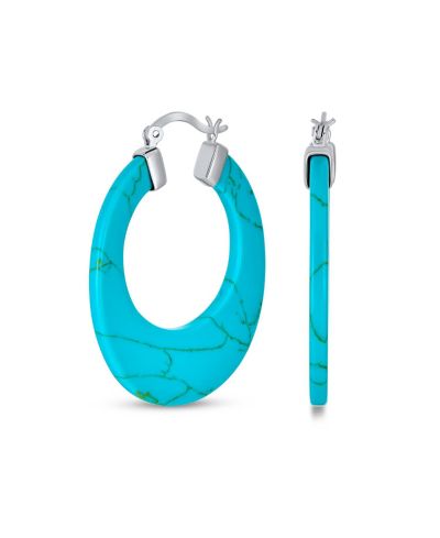 Bling Jewelry Large Flat Oval Turquoise Hoop Earrings .925 Sterling Silver 1.5"