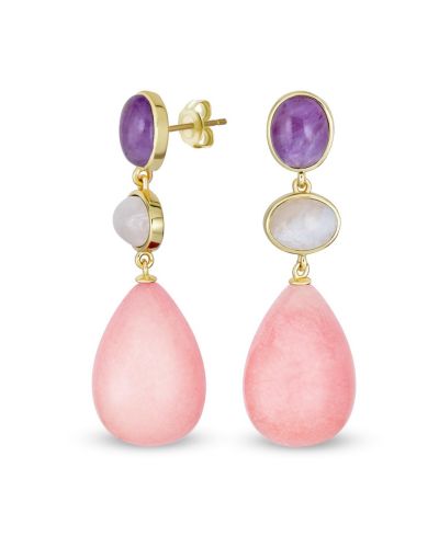 Bling Jewelry Tri Color Statement Oval Pink Quartz Teardrop Earrings Rose Gold Plated