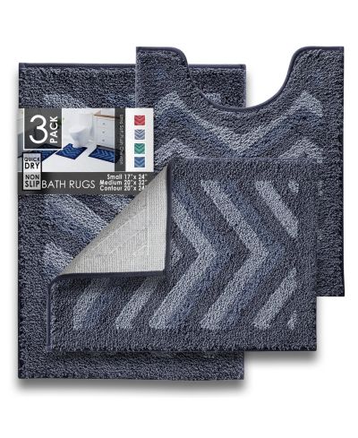 Clara Clark 3 Piece Ultra Soft Non Slip Shaggy Bath Rug - Chevron Design - Small, Large & Contour