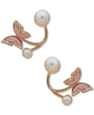 lonna & lilly Gold-Tone Pavé Pink Butterfly & Imitation Pearl Drop Earrings