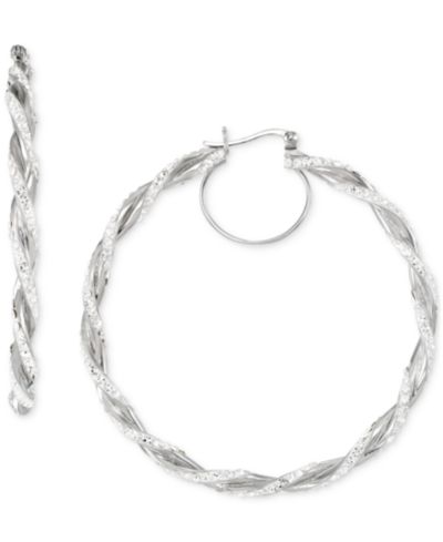 Crystal Pavé Twist Style Medium Hoop Earrings, 2"