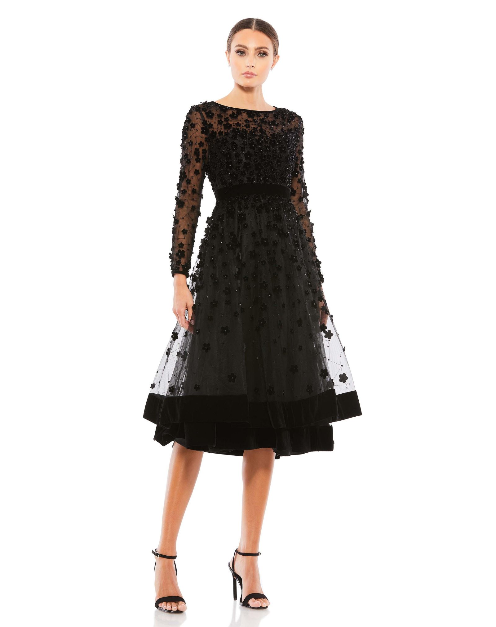 Женское вечернее платье Mac Duggal Embellished Illusion High Neck Long Sleeve Fit & Flare