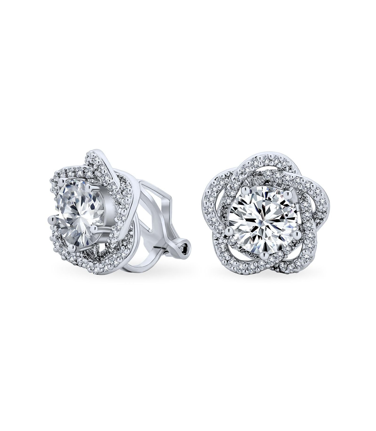 Bling Jewelry Cocktail 3D Flower Rose Clip On Earrings Pave CZ Halo Rhodium Plated
