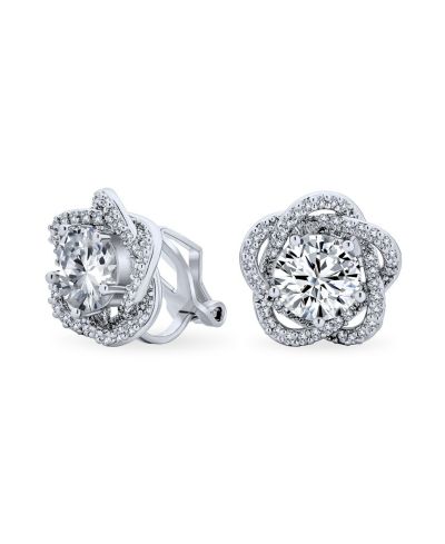 Bling Jewelry Cocktail 3D Flower Rose Clip On Earrings Pave CZ Halo Rhodium Plated
