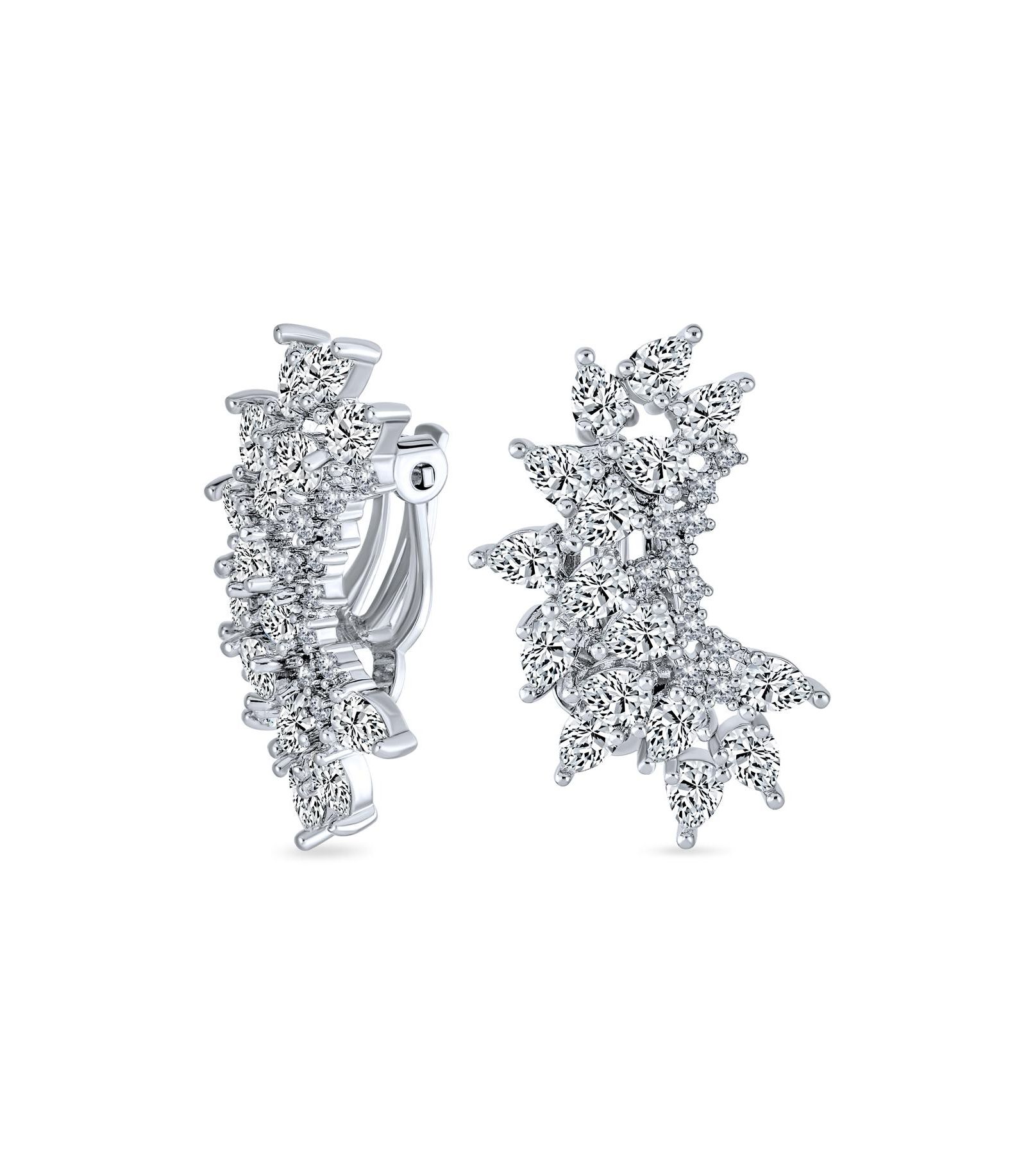 Bling Jewelry Bridal Teardrop CZ Clusters Crawler Leaf Clip On Earrings Rhodium Plated