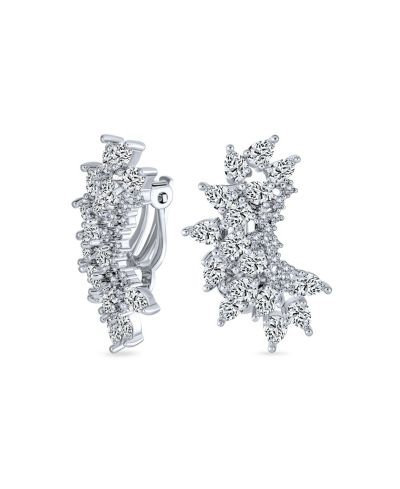 Bling Jewelry Bridal Teardrop CZ Clusters Crawler Leaf Clip On Earrings Rhodium Plated