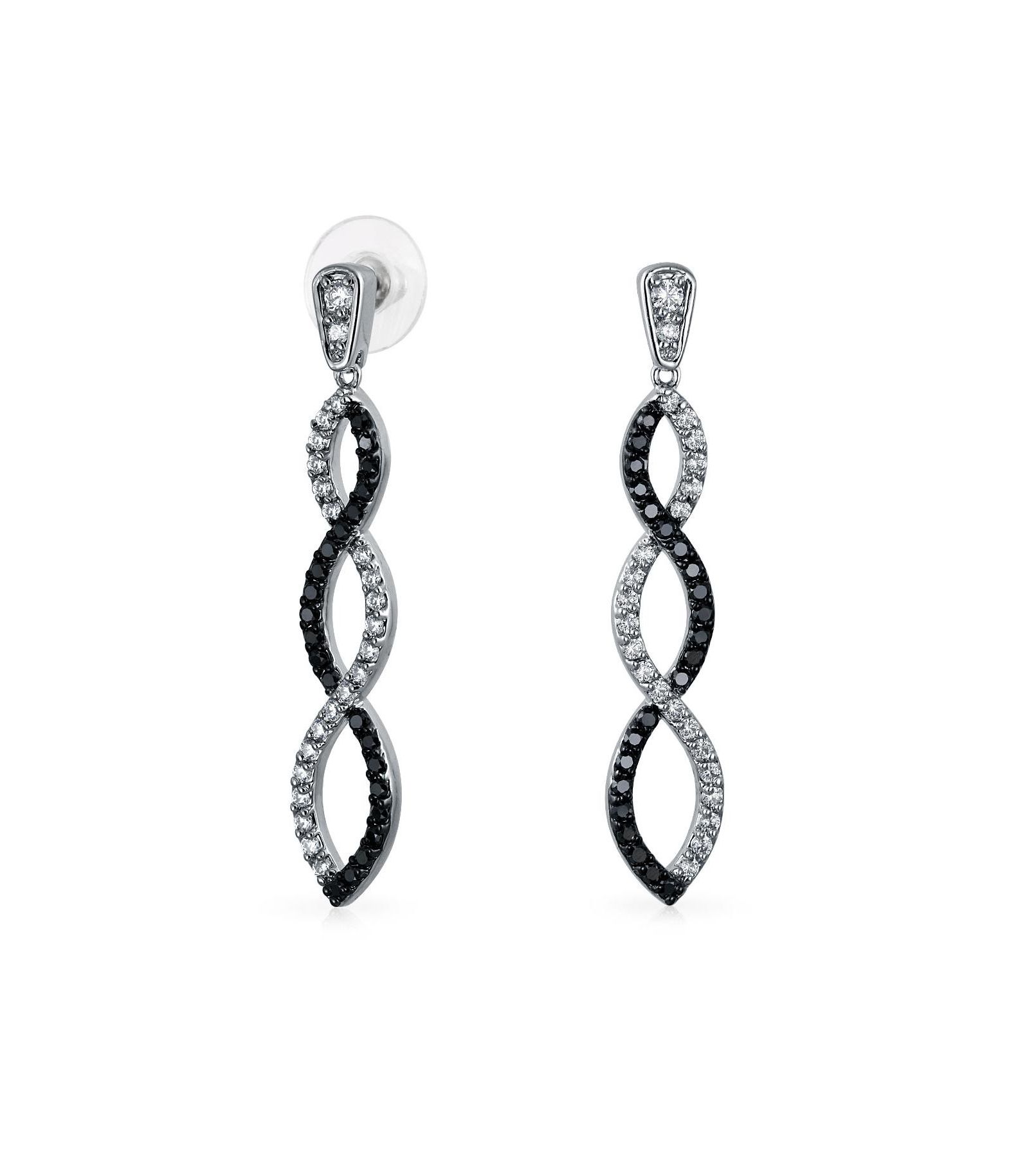 Bling Jewelry Elegant Cocktail Pave CZ Black and White Twist Long Infinity Drop Earrings