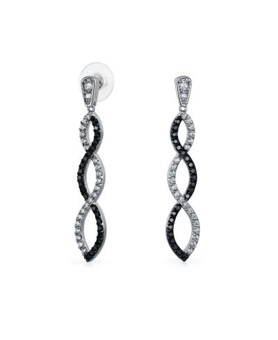 Bling Jewelry Elegant Cocktail Pave CZ Black and White Twist Long Infinity Drop Earrings