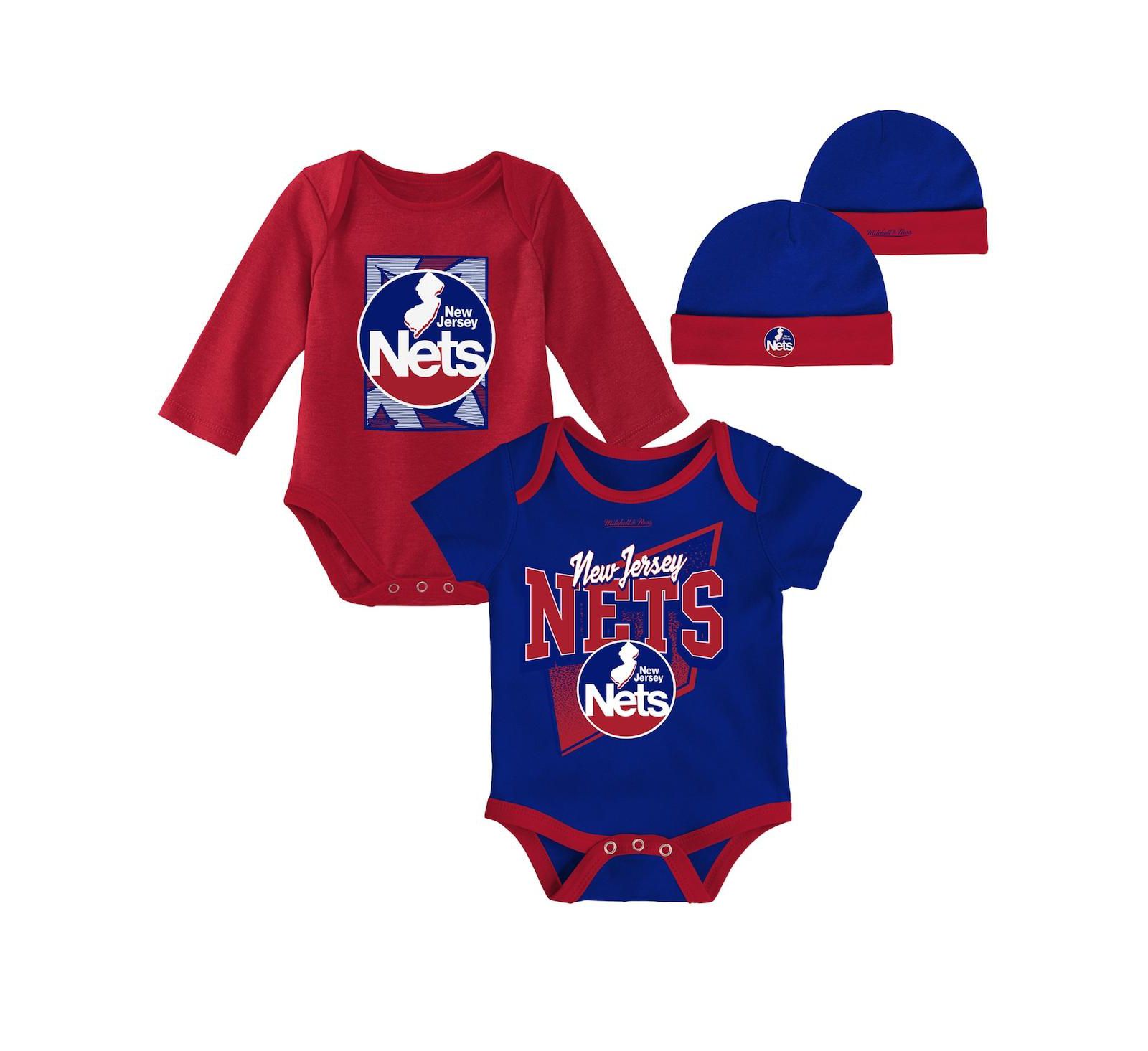 Mitchell & Ness набор для новорожденных: боди New Jersey Nets и вязаная шапочка, 3 предмета, синий и красный