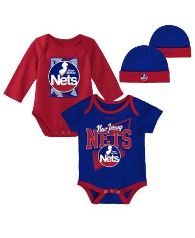 Newborn and Infant Boys and Girls Mitchell & Ness Blue, Red New Jersey Nets 3-Piece Hardwood Classics Bodysuits and Cuffed Knit Hat Set