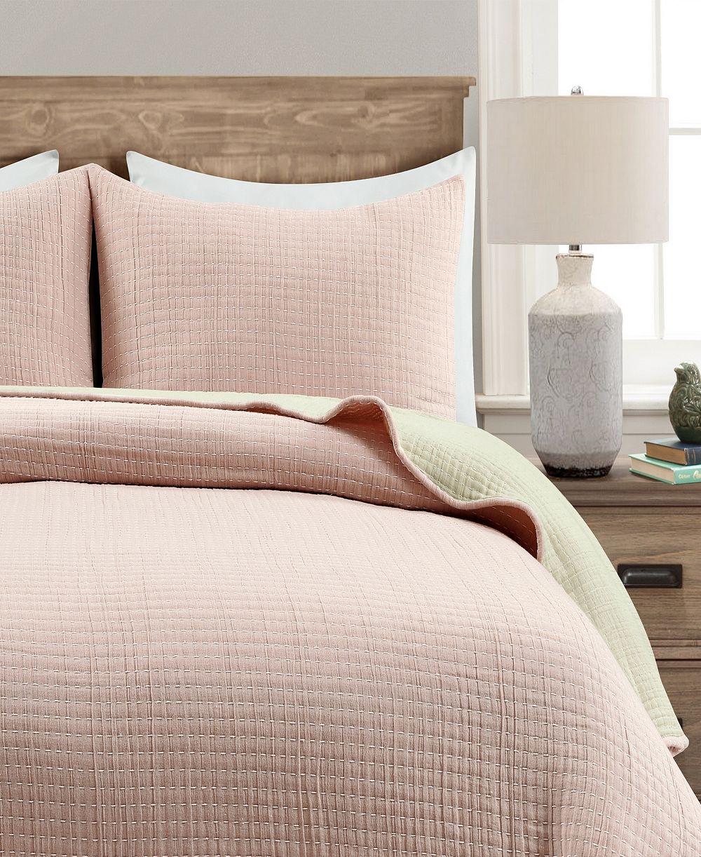 Lush Décor Solid Kantha Pick Stitch Yarn Dyed Cotton Woven 3-Piece Quilt Set, Full/Queen