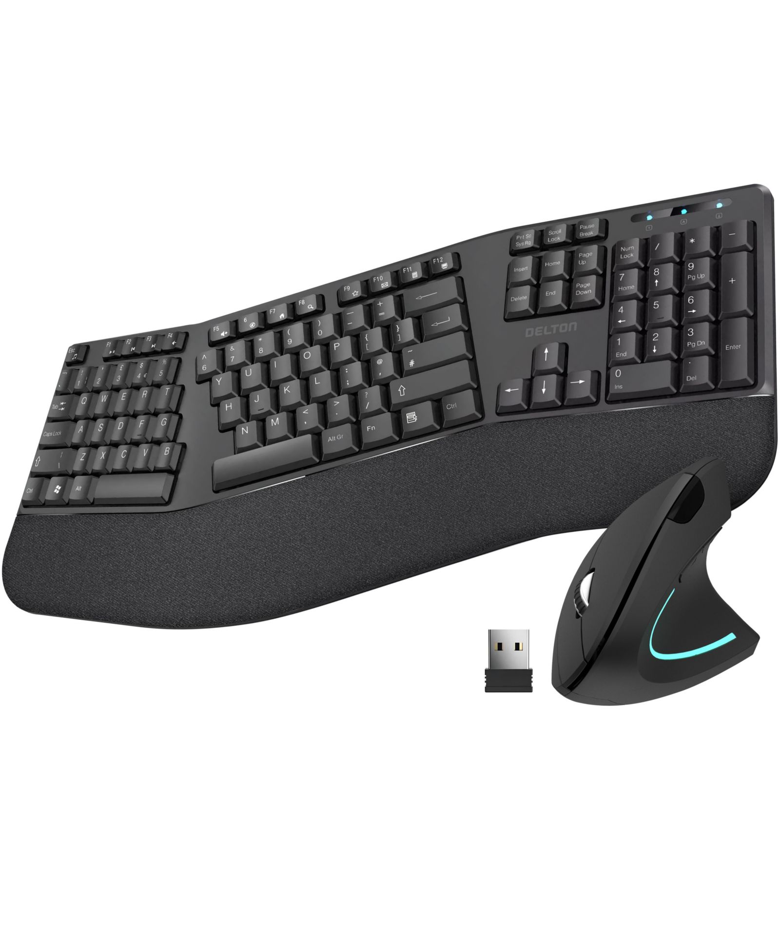 Delton S12 Wireless Ergonomic Keyboard and Optical Vertical Mouse, 2-Piece Set for PCs, Laptops, Macs, and Tablets