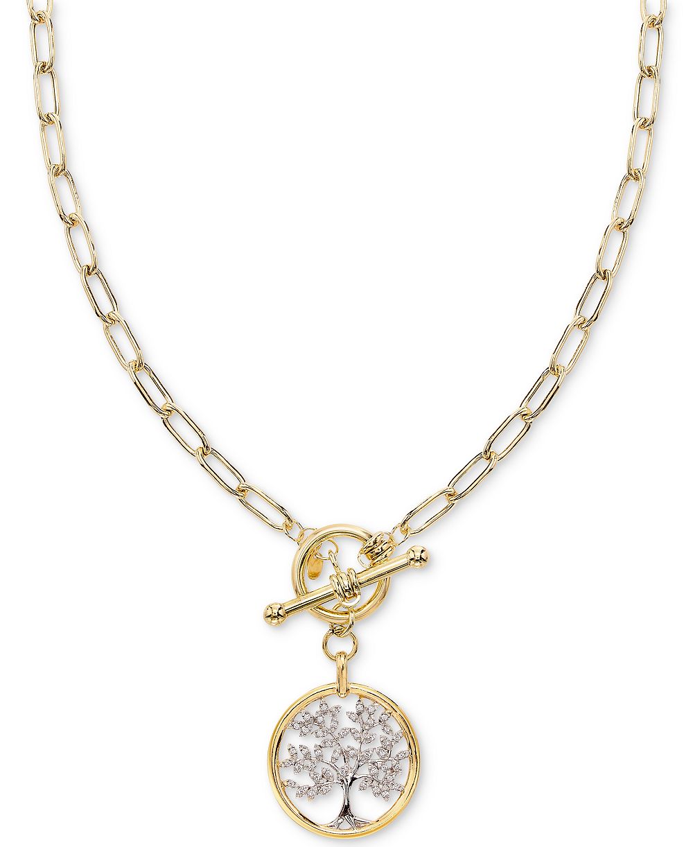 Ожерелье Diamond Family Tree Paperclip Link 18" Toggle in Sterling Silver & 14k Gold-Plate