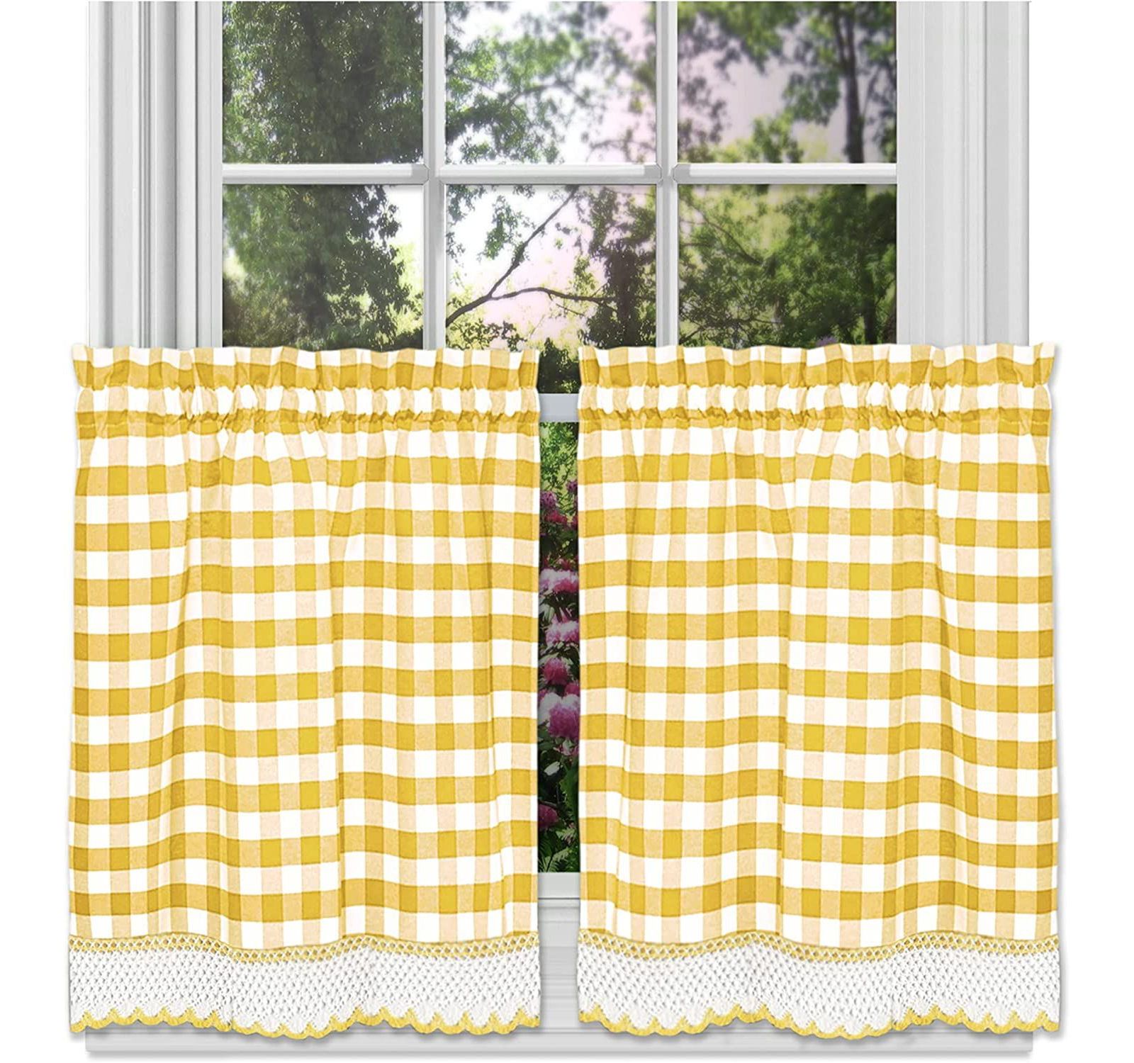 Kate Aurora 2 Piece Country Farmhouse Buffalo Plaid Rod Pocket Cafe Tier Curtain Panels с макраме-отделкой