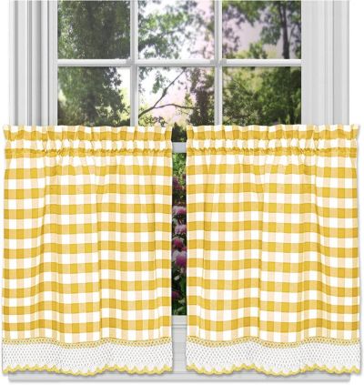Kate Aurora 2 Piece Country Farmhouse Buffalo Plaid Rod Pocket Cafe Tier Curtain Panels With Macrame Border