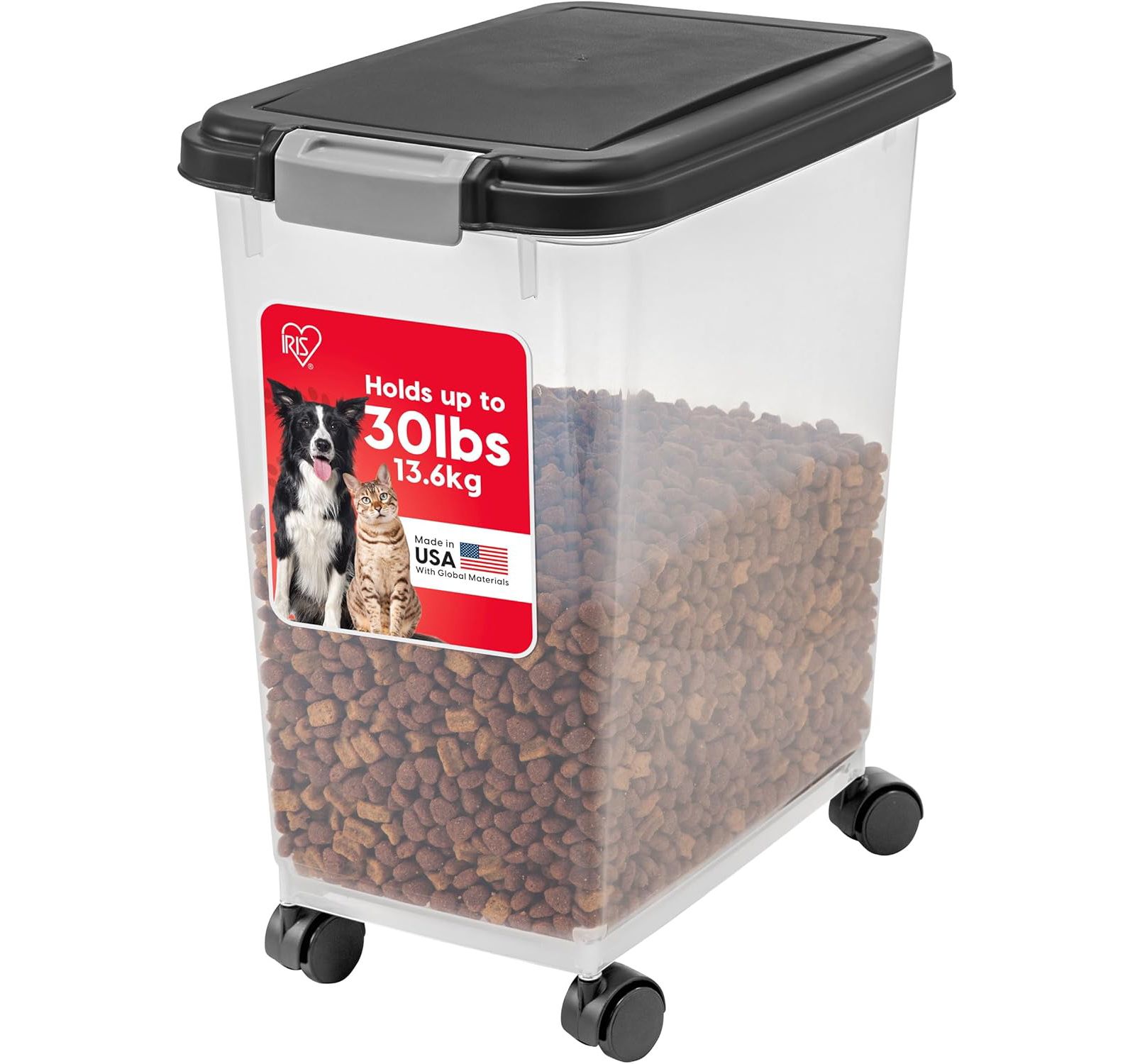 IRIS 30 lb Airtight Dog Food Storage Container with Attachable Wheels, Black