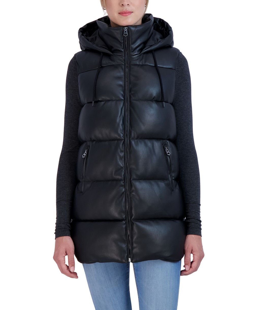 Sebby Collection Женский дутый жилет из искусственной кожи с капюшоном