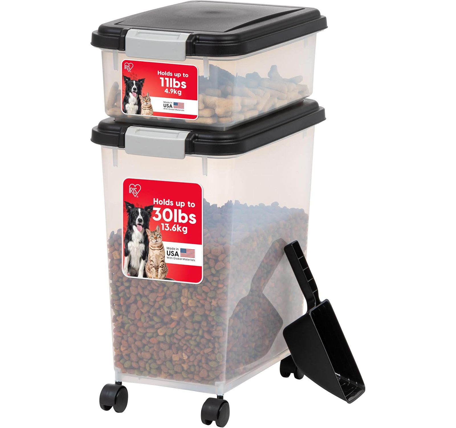 IRIS 30 Lbs and 11 Lbs Combo Airtight Dog Food Storage Container, Stackable Treat Box, 2-Cup Scoop, Casters, Black