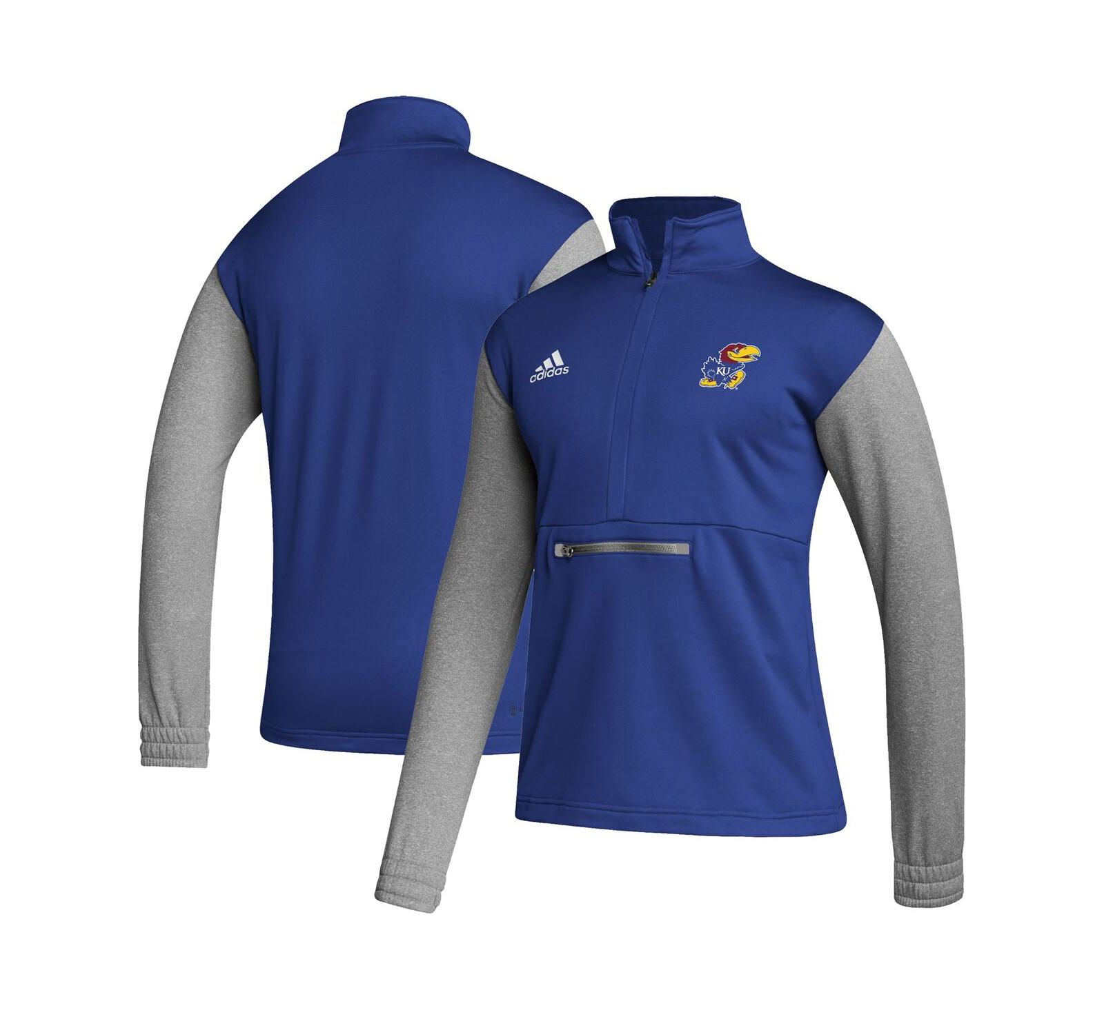 Men's adidas Royal, Heathered Gray Kansas Jayhawks Team AEROREADY Half-Zip Top
