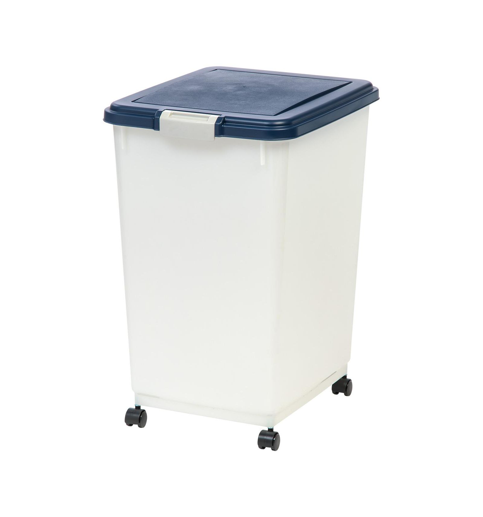 IRIS 54 Lbs / 69 Qt Airtight Pet Food Storage Container with Attachable Casters, Navy/Pearl