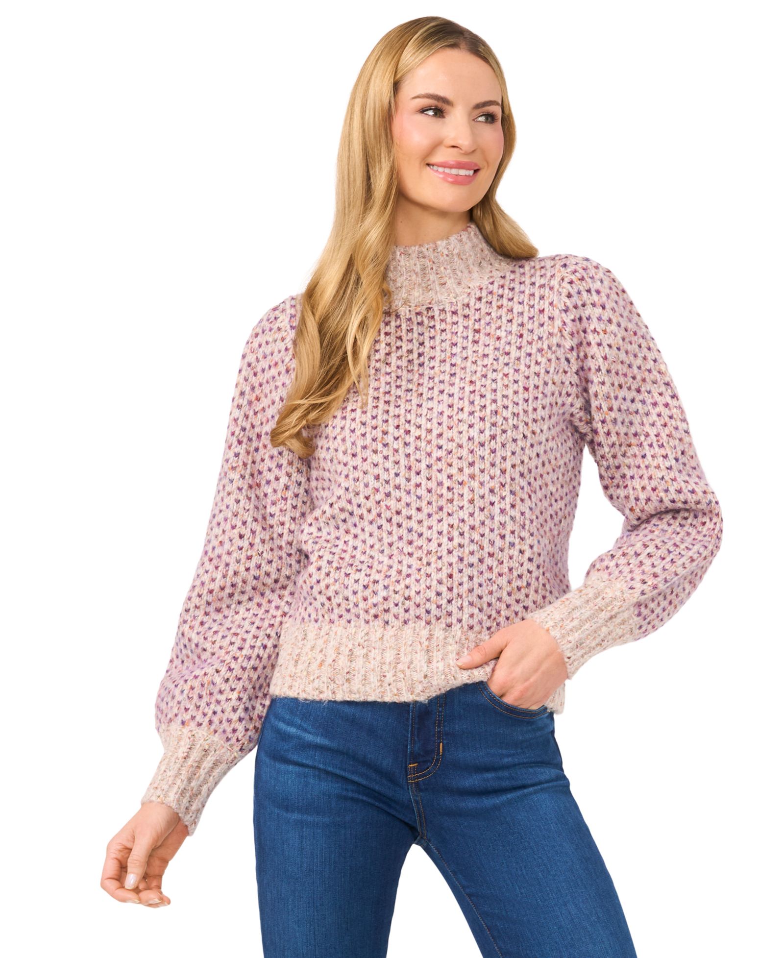 CeCe Women's Marled Blouson Sleeve Jacquard Knit Mock Neck Sweater