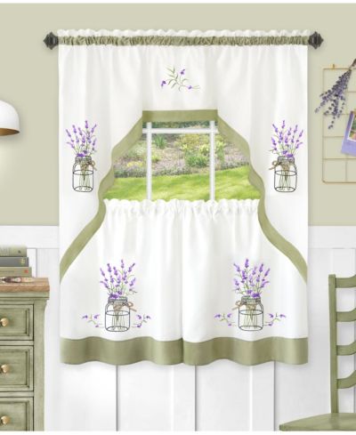 Kate Aurora Montauk Accents Lavender Floral Embellished Complete 3 Piece Kitchen Curtain Tier and Valance Set