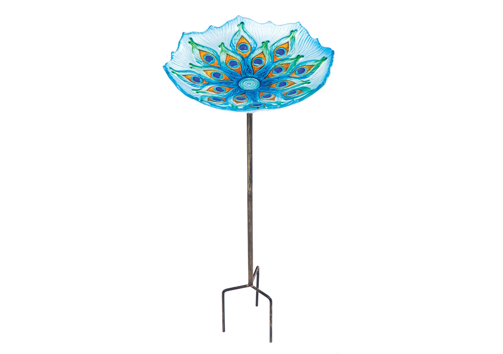 Evergreen Peacock Glass Bird Bath with Metal Stake