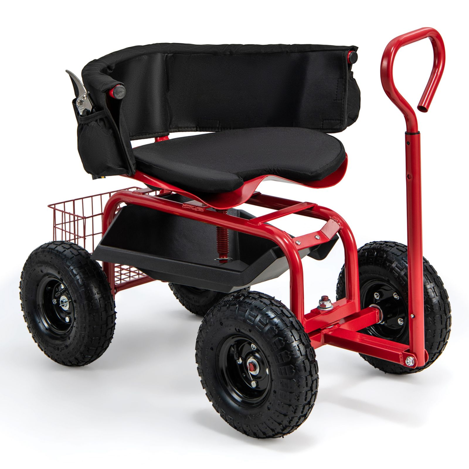 Rolling Garden Cart Height Adjustable Scooter with Swivel Seat Tool
