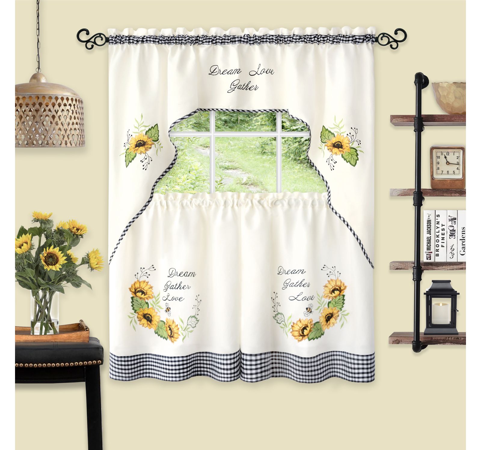 Kate Aurora Montauk Accents "Dream, Love, Gather" Embellished Sunflowers 3 Piece Kitchen Curtain Tier Set