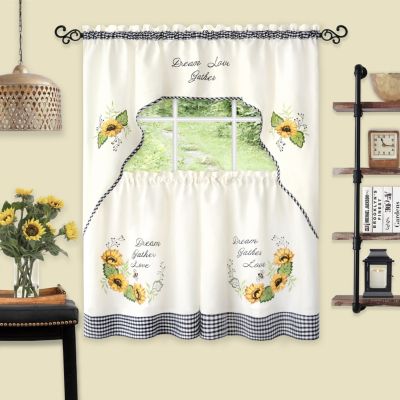 Kate Aurora Montauk Accents "Dream, Love, Gather" Embellished Sunflowers 3 Piece Kitchen Curtain Tier Set