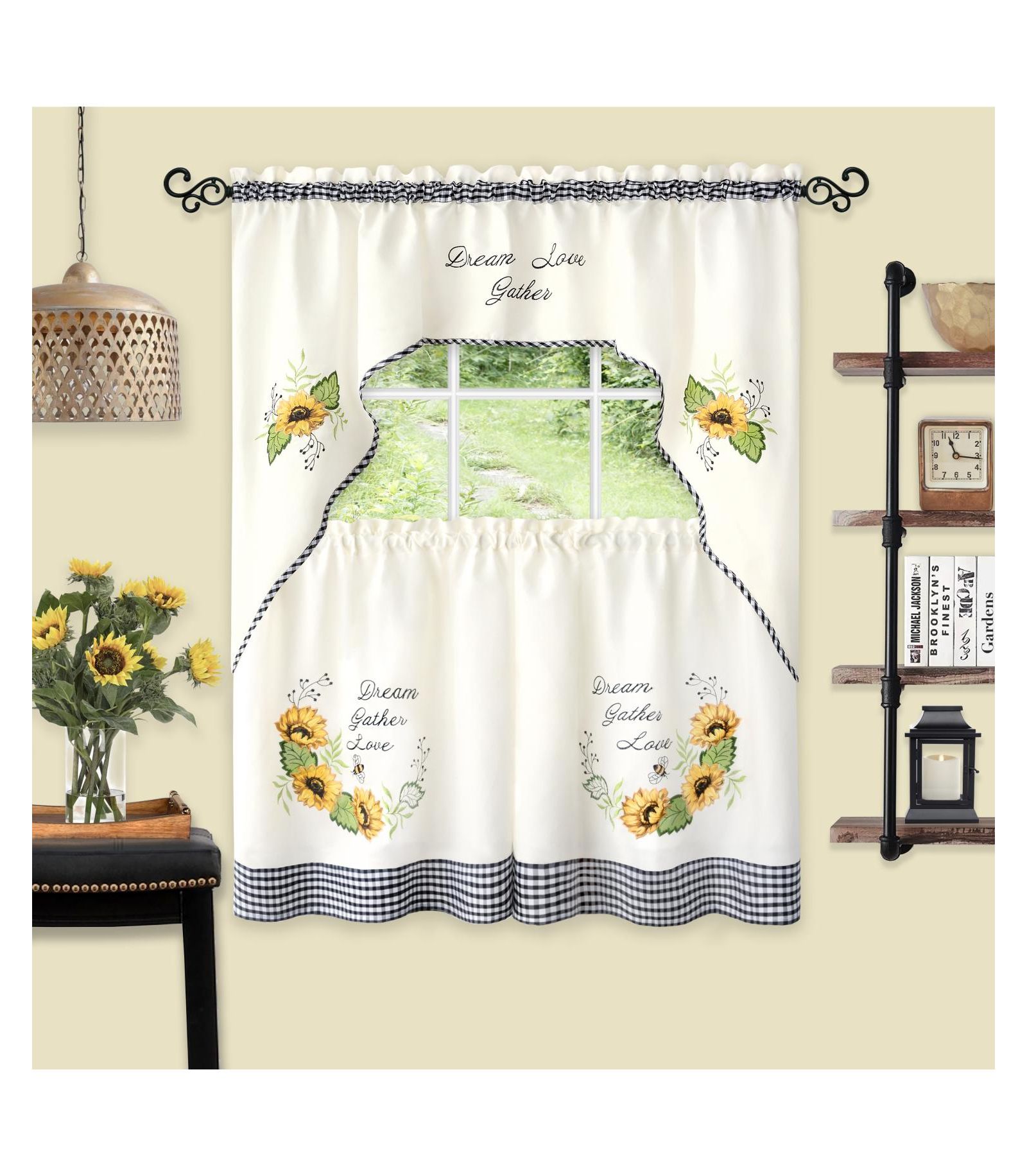 Kate Aurora Montauk Accents "Dream, Love, Gather" Embellished Sunflowers 3 Piece Kitchen Curtain Tier Set