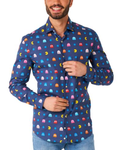 OppoSuits Big & Tall Pixel Official PAC-MAN Shirt - Retro Gaming Outfit - Including 1 Button- Up Shirt - Blue - Long sleeve
