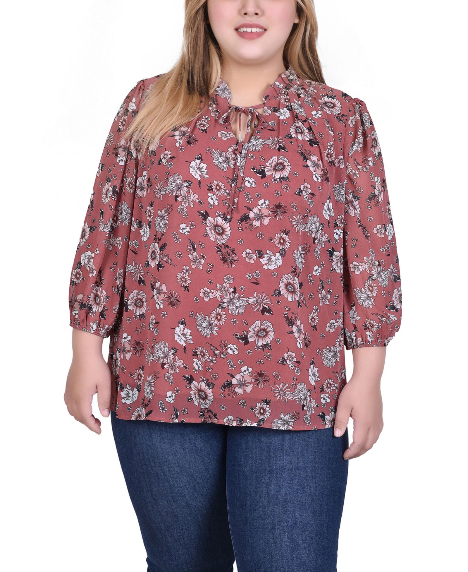 NY Collection Блузка из шифона с рукавом 3/4, Plus Size