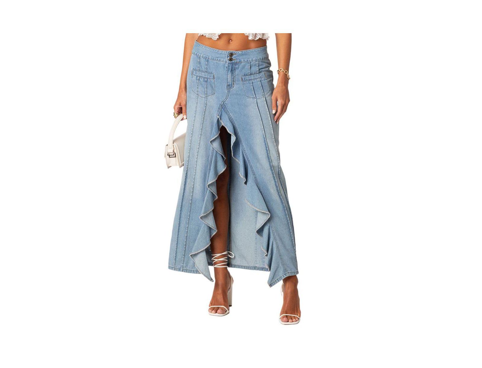 Edikted Women's Valencia Ruffle Slitted Denim Maxi Skirt