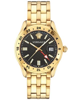 Мужские часы Versace Swiss Greca Time GMT с золотым напылением и стальным браслетом 41mm