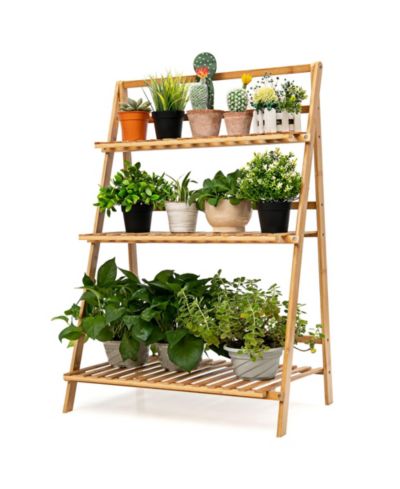 3 Tier Outdoor Bamboo Flower Pot Shelf Stand Folding Display Rack Garden Yard