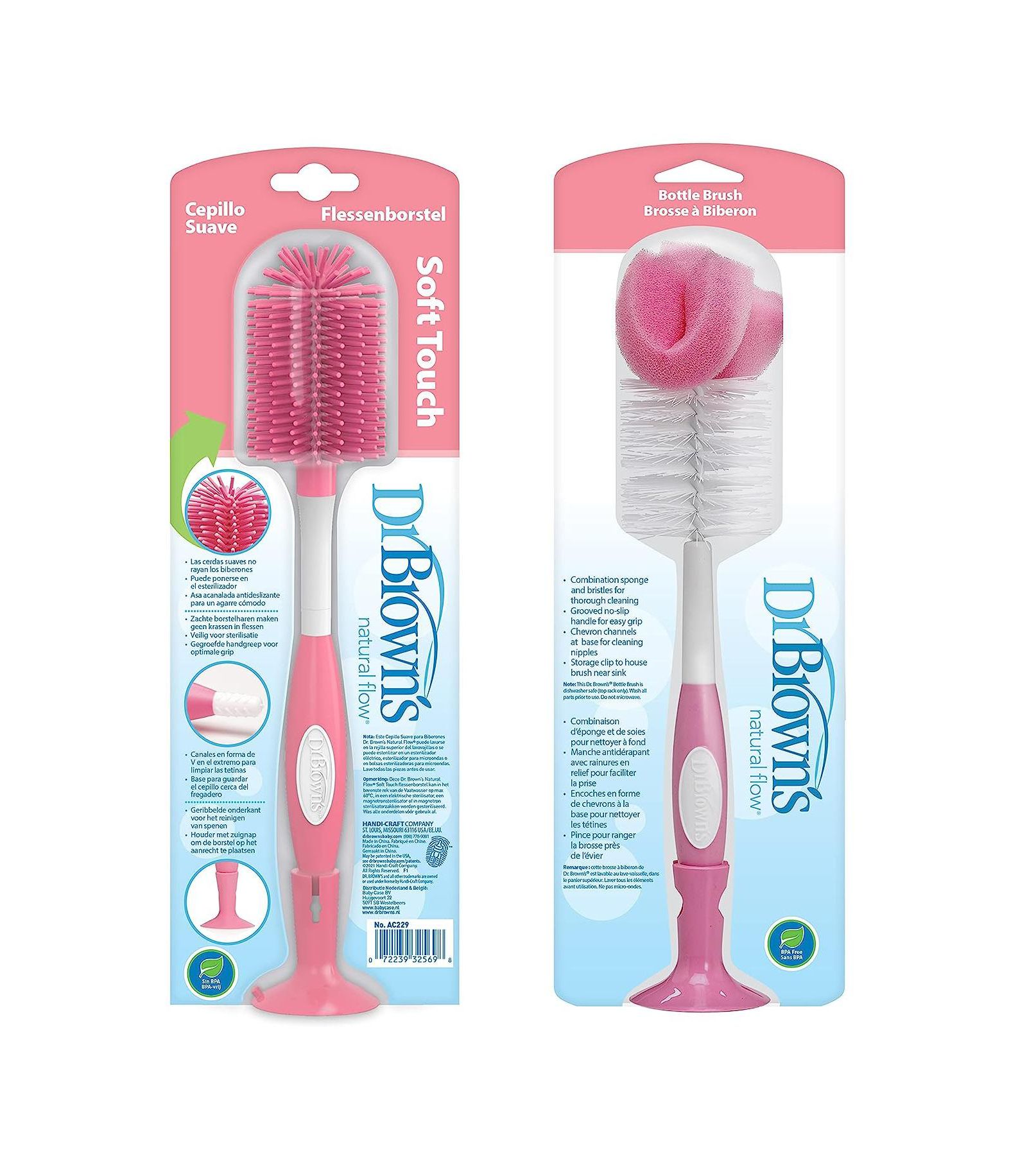 Детская щетка для бутылочек Dr. Browns Soft Touch и губка, розовая, 2 шт