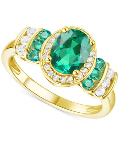 Кольцо Oval Halo из Lab-Grown Emerald и Lab-Grown White Sapphire в 14k Gold-Plated Sterling Silver