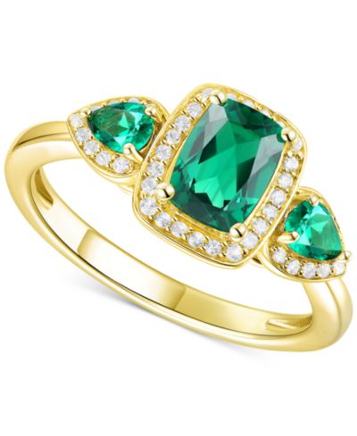 Кольцо Emerald & Lab-Grown White Sapphire Three Stone Halo в 14k Gold-Plated Sterling Silver