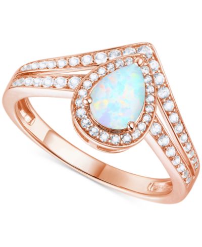 Lab-Grown Emerald (1/2 ct. t.w.) & Lab-Grown White Sapphire (1/10 ct. t.w.) Pear Halo V Ring in 14k Gold-Plated Sterling Silver (Also in Additional Gemstones)