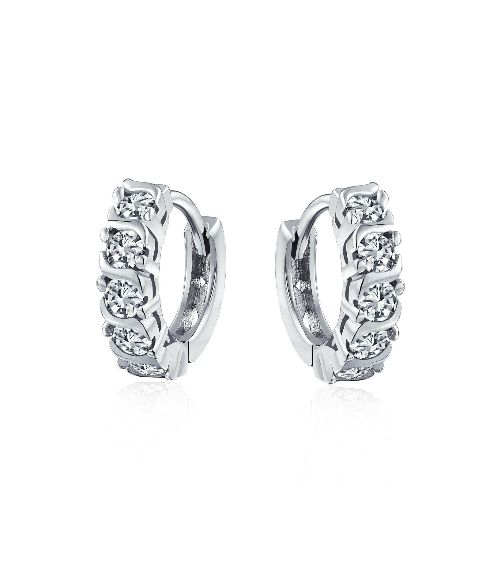 Серьги Bling Jewelry Round Solitaire Cubic Zirconia CZ S-Style Wave Kpop Huggie Hoop Earrings Sterling Silver