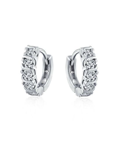 Серьги Bling Jewelry Round Solitaire Cubic Zirconia CZ S-Style Wave Kpop Huggie Hoop Earrings Sterling Silver