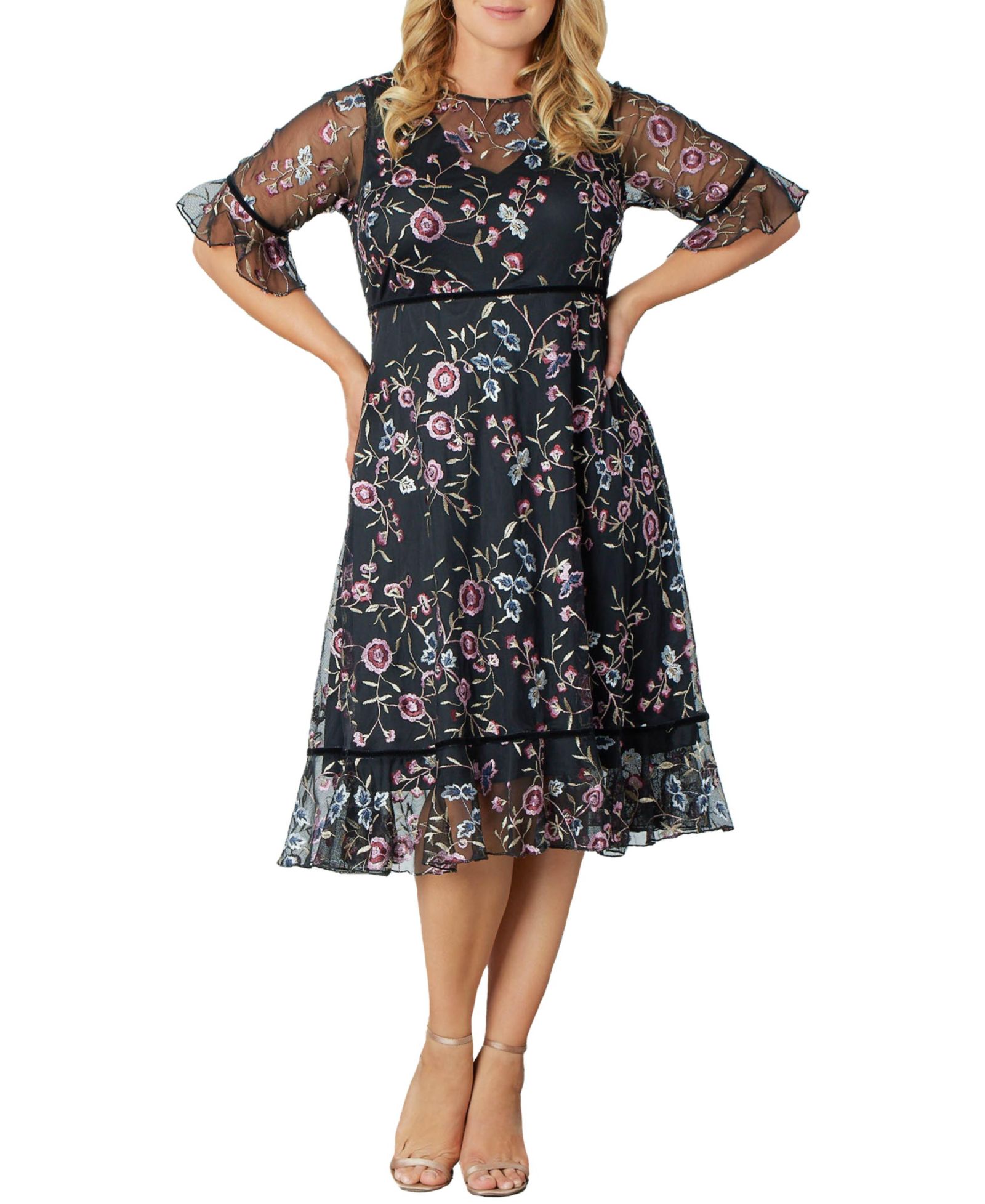 Kiyonna Plus Size Wildflower Embroidered Floral Mesh Cocktail Dress