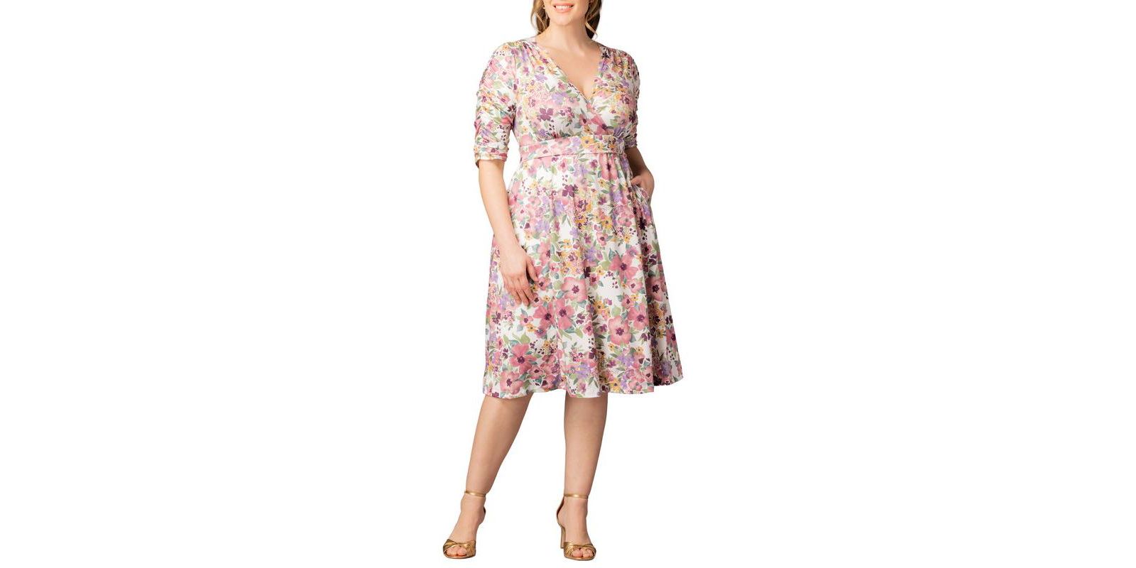 Kiyonna Plus Size Gabriella Ruched Sleeve Midi Dress with Pockets