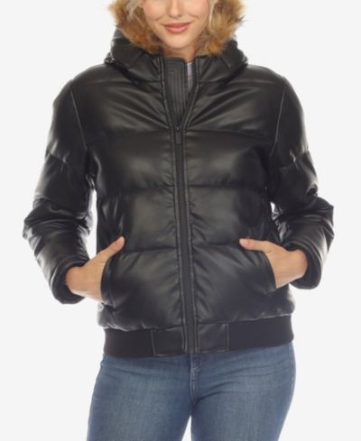 White Mark Women's Removable Furry Hoodie Bomber Leather Jacket