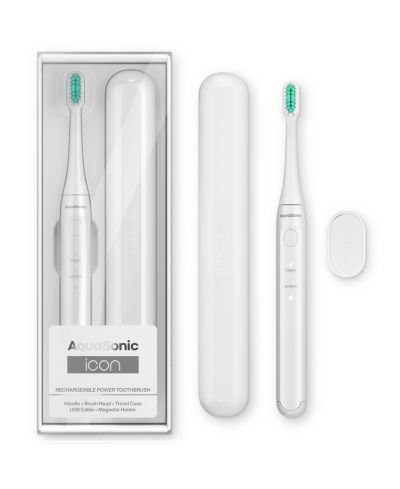 Aquasonic Icon Rechargeable Toothbrush | Magnetic Holder & Slim Travel Case | 2 Brushing Modes & Smart Timers | Modern & Convenient