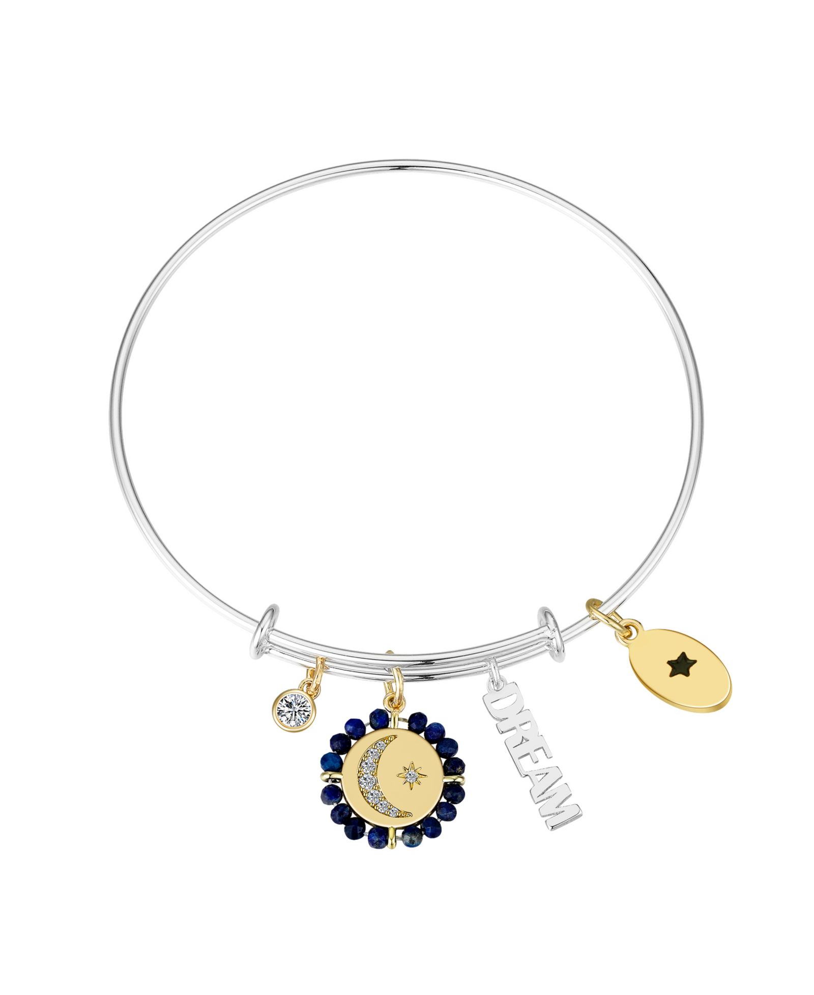 Unwritten Cubic Zirconia Moon and Star Silver Plated "Dream" 14K Gold Plated Charm Bangle Bracelet