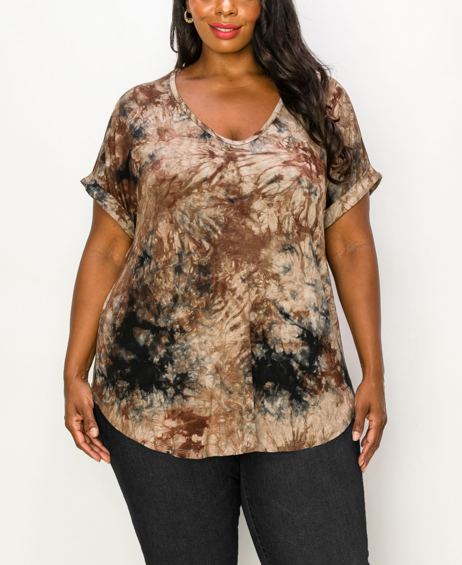 COIN 1804 Plus Size Tie Dye V-neck Rolled Short Sleeve Top